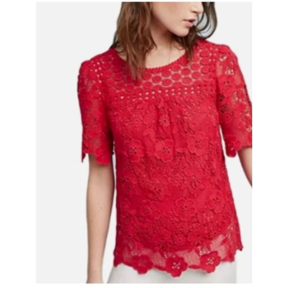 Like New! Anthropologie Vanessa Virginia Red Floral Crochet Lace Top in 6P